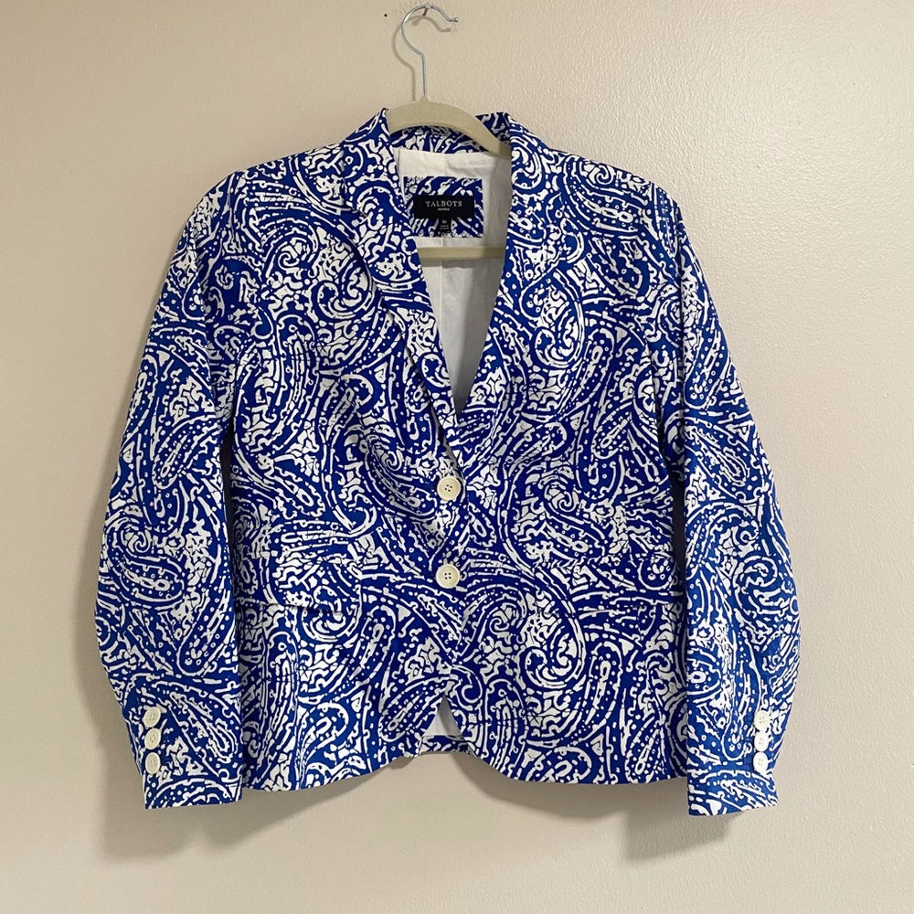Talbots Blue White Paisley Blazer Jacket Size 6 Petite
